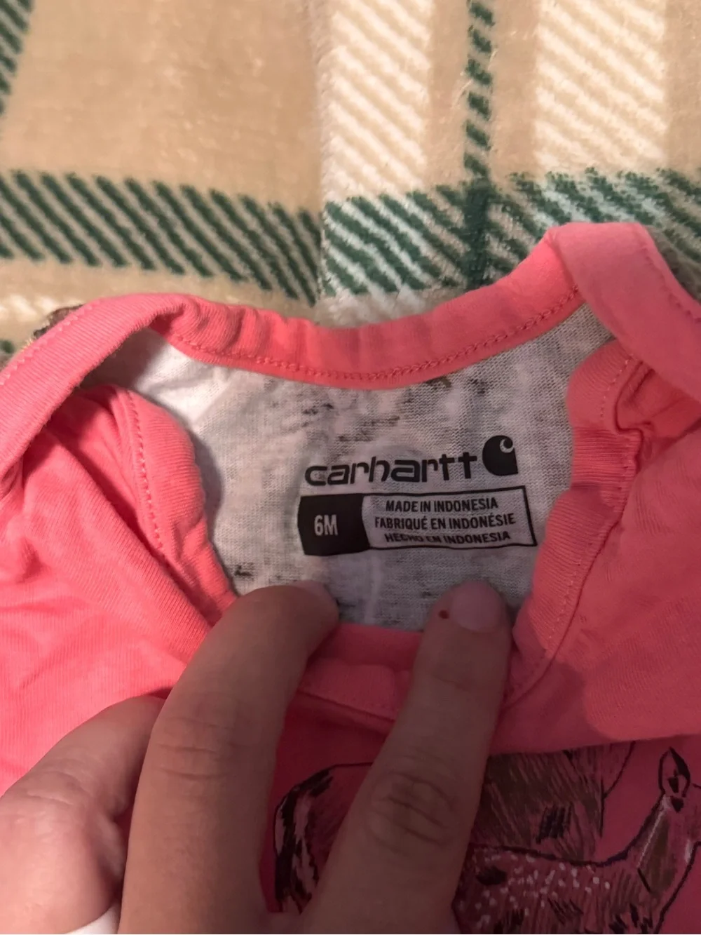 Carhartt Pink Onesie with Deer Graphic and Camo Trim